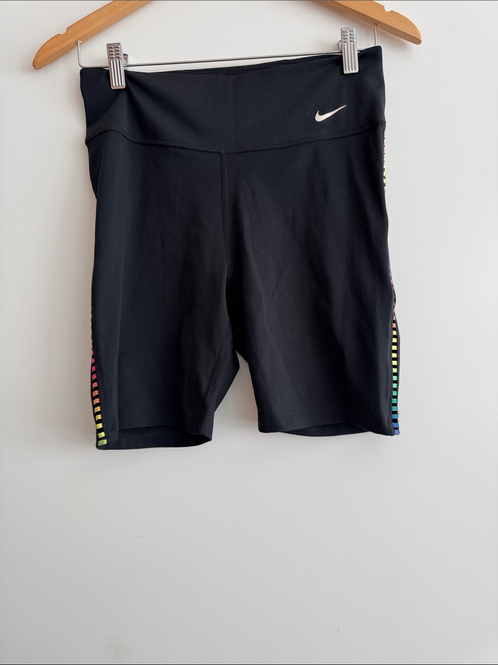 Nike Black High-Rise Bike Shorts with Rainbow Stripe Sides